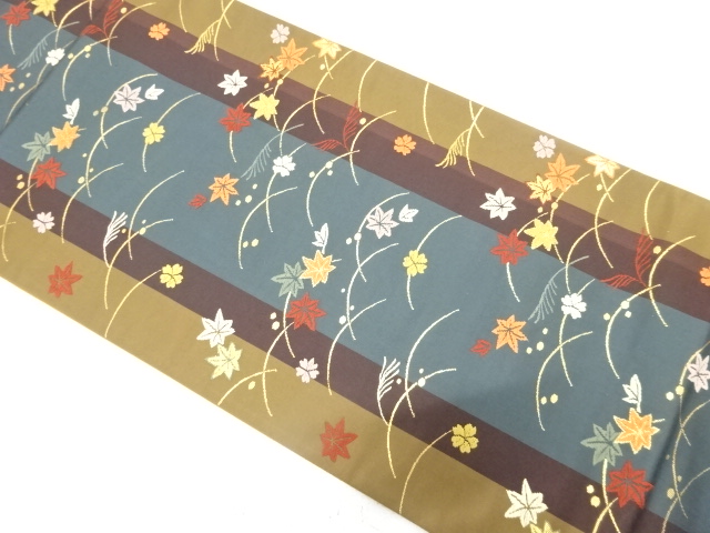 JAPANESE KIMONO / FUKURO OBI / SILK / WOVEN GRASS & MAPLE & SAKURA